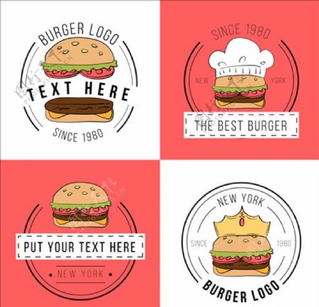 四款手绘汉堡标识标签