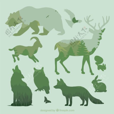 森林动物叠影矢量图