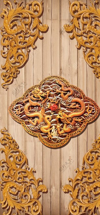 彩雕木纹中国龙