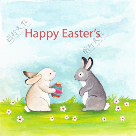 手绘水彩复活节彩蛋兔子