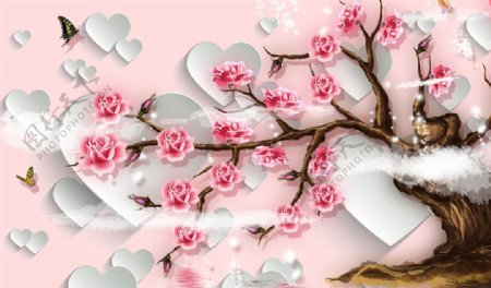 3D爱心玫瑰树背景墙分层