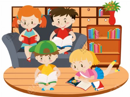 卡通儿童节在家看书的孩子