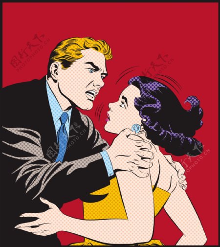 情侣吵架欧美卡通海报漫画风格人物矢量