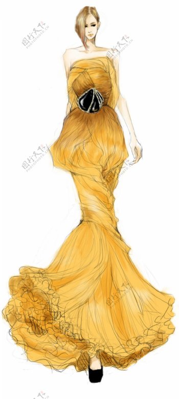 黄色抹胸长裙礼服设计图