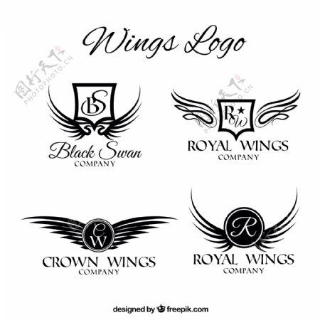 手绘风格双翼翅膀标志logo矢量素材