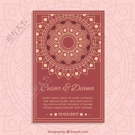 曼陀罗装饰花纹边框婚礼邀请卡设计红色背景