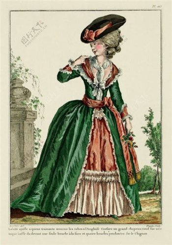 欧式绿色洛可可长裙设计图
