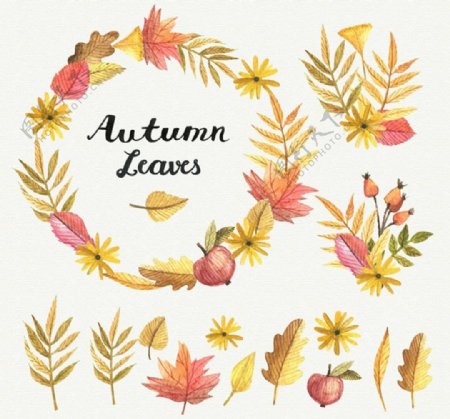 15款彩绘秋季叶子和花环矢量素材