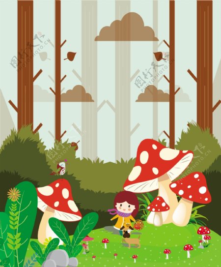 梦的背景的女孩大蘑菇五彩卡通图标矢量