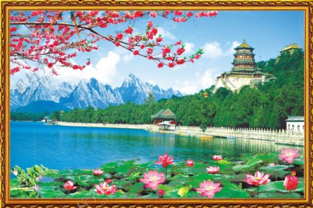 湖泊山水风景中堂画图片图片