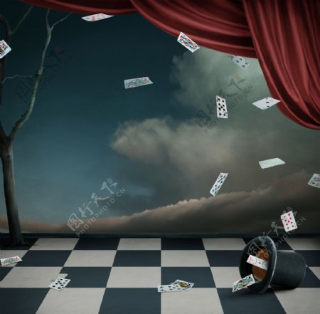 飞舞的魔术扑克牌影楼摄影背景图片