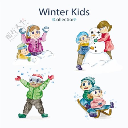 玩雪球卡通人物插画风格矢量源文件