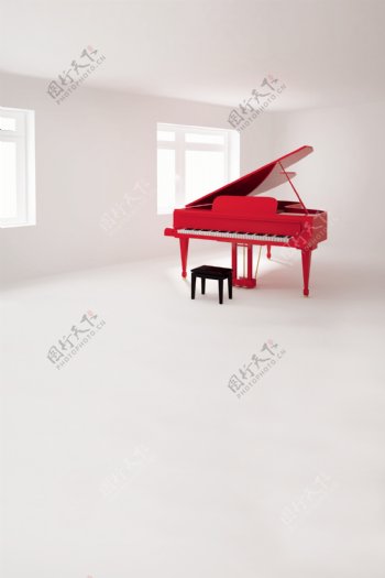 房间里的红色钢琴影楼摄影背景图片