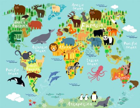 手绘野生动物世界地图
