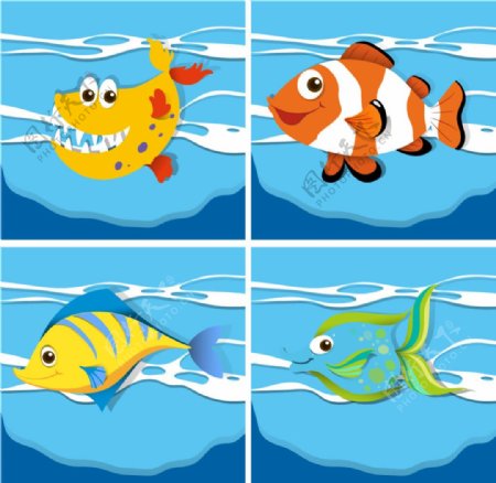 卡通风格海底的各种鱼