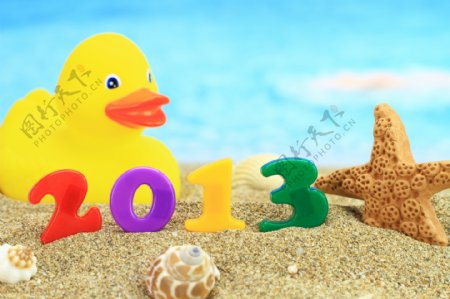 沙滩上的鸭子和2013字体图片