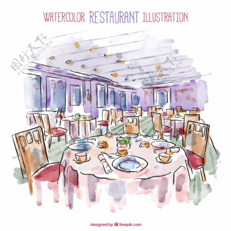 水彩绘餐厅内部图矢量素材