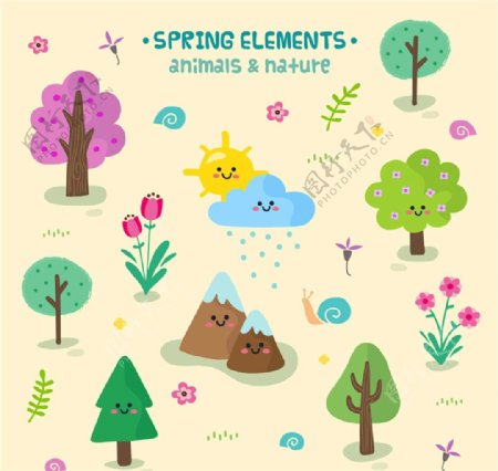 可爱春季树木和蜗牛自然元素矢量素材