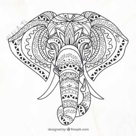 大象头黑白线稿手绘插画