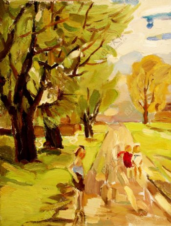 秋天树林里游玩的儿童油画图片