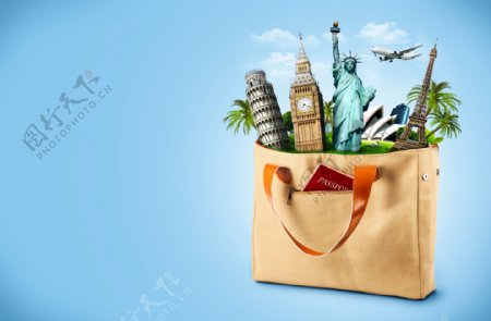 购物袋里的著名景点和飞机图片