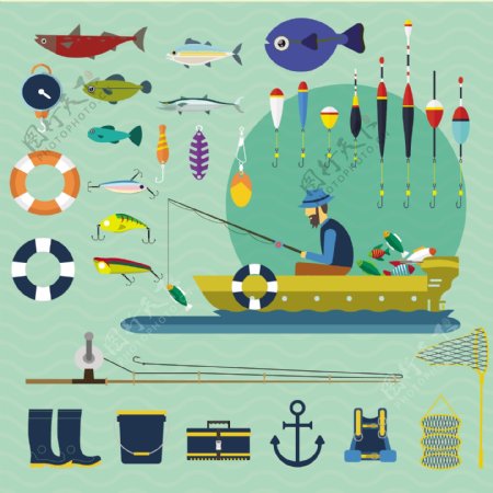 与各种工具和渔夫捕鱼矢量插图