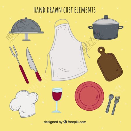 手绘风格各种厨师用品厨具矢量素材