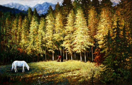 树林马匹油画图片