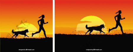 日落风景中的女人与狗的背景
