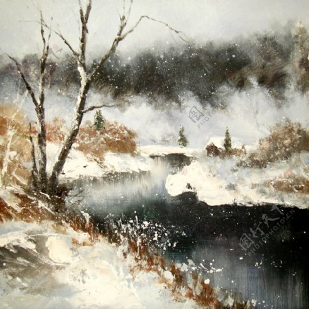 冬天雪景油画写生图片