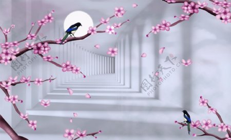 3D空间树枝梅花鸟背景墙