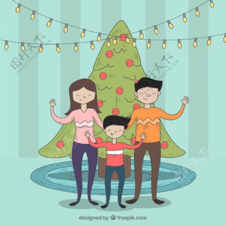 家庭背景与漂亮的手绘圣诞树