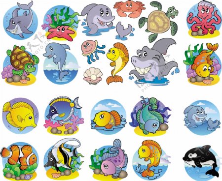 卡通海洋生物鱼类