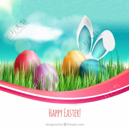 复活节卡片上有彩色的蛋和兔子耳朵