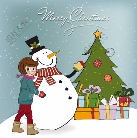 圣诞卡片上有一个女孩和雪人