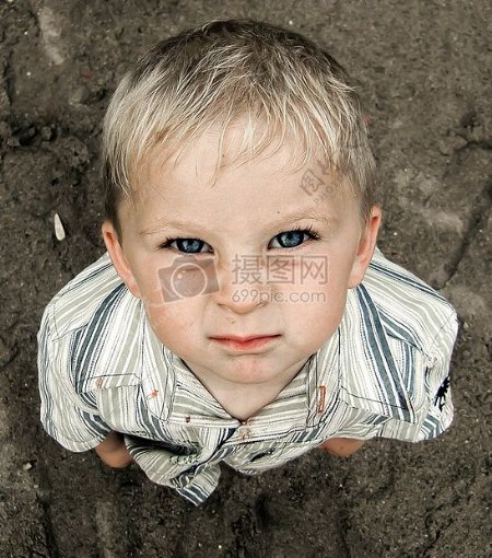 沙滩蓝色的肮脏的孩子男一鸟眼睛查看