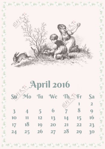复古2016年4月日历图片