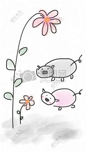 两只小猪和两朵花