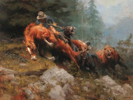 骑马摔下来的牛仔男人和猛虎油画图片