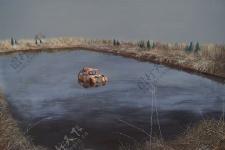 水池里废弃的汽车油画图片