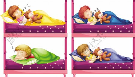 四个孩子睡在床的插图