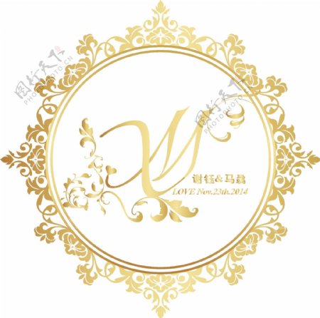 金色花边圆环婚礼logo