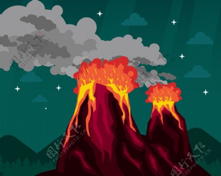扁平化火山爆发插画