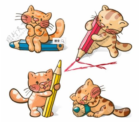 可爱猫咪与铅笔矢量素材