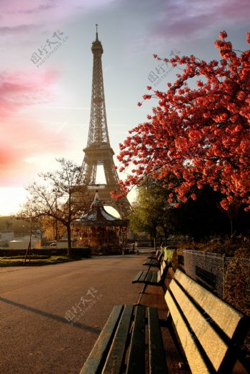 傍晚巴黎艾菲尔铁塔周围美景图片