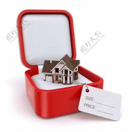 红色礼盒与3D别墅模型高清图片