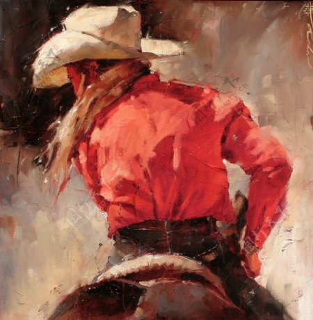 骑马的西部牛仔油画图片
