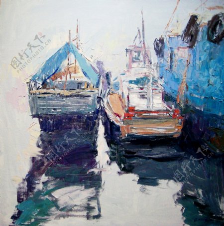 码头里的小货船油画图片