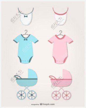 婴儿的衣服粉红和蓝色围兜和车厢