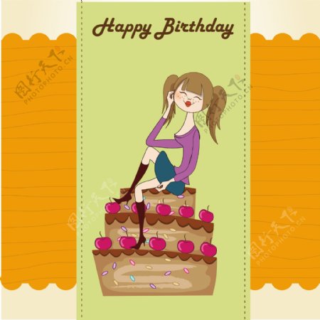 一个女孩坐在蛋糕上的生日卡片